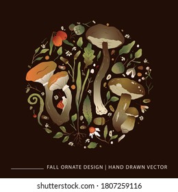 Forest ornate round vector nature print. Greeting autumn card with different mushrooms, fern and forest herbs.  Beautiful fall natural illustration for apparel print.
