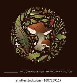 Impresión de naturaleza vectorial redonda ornamentada con bosques. Tarjeta de saludo de otoño con hongos, helechos y hierbas forestales.  Hermosa ilustración natural de otoño para la impresión de ropa.
