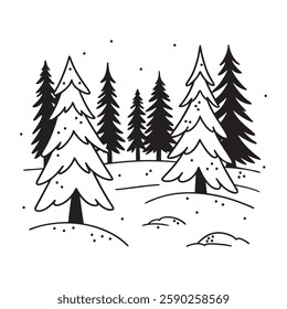 Forest outline pine trees with snowy hills in black and white