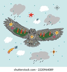 Forest owl animal doodle vector illustration poster.