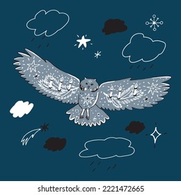 Afiche de ilustración del vector del doodle de búho de bosque.