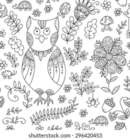Forest owl vector seamless pattern. Doodle background with flowers, leafs, owl. Cute print background. Cartoon background.