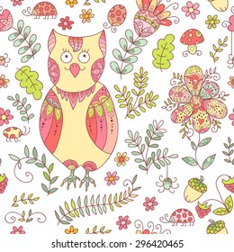 Forest owl vector seamless pattern. Doodle background with flowers, leafs, owl. Cute print background. Cartoon background.