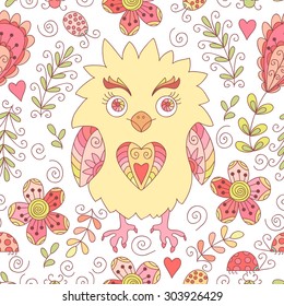 Forest owl vector seamless pattern. Doodle background with flowers, leafs, owl. Cute print background. Cartoon cute background