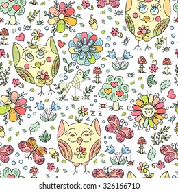 Forest owl vector seamless pattern. Doodle background with flowers, leafs, owl. Cute print background. Cartoon background.