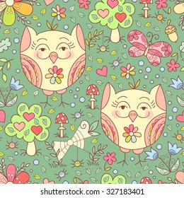 Forest owl vector seamless pattern. Doodle background with flowers, leafs, owl and butterfly. Cute print background.