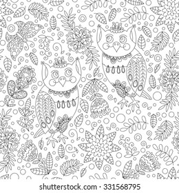 Forest owl vector seamless pattern. Doodle background with flowers, leafs, owl. Cute print background. Cartoon black and white background.
