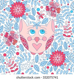 Forest owl vector seamless pattern. Doodle background with flowers, leafs, owl. Cute print background. Cartoon background.