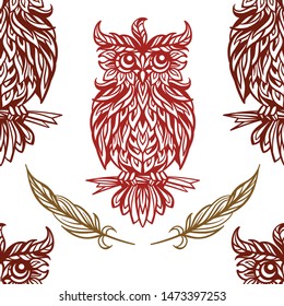 Forest owls and feathers vector seamless pattern.