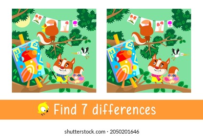 Forest painting school for squirrels. Find 7 differences. Game for children. Activity, vector.