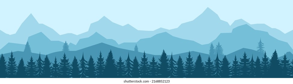 Forest panorama with coniferous trees. Horizontal panoramic seamless banner with hilly forest background, pine, cedar, wood in dark and light blue tones. Flat vector illustration.