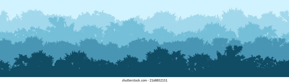 Forest panorama with coniferous trees. Horizontal panoramic seamless banner with hilly forest background, pine, cedar, wood in dark and light blue tones. Flat vector illustration.
