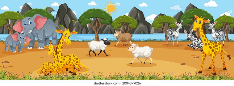 Waldpanorama am Tag mit verschiedenen Wildtiergrafik