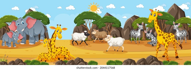 Forest panorama at daytime scene with various wild animals illustration