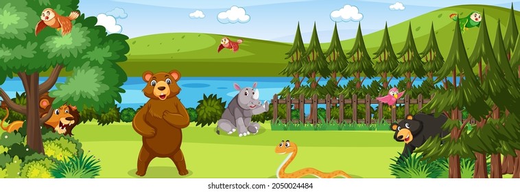 Forest panorama at daytime scene with various wild animals illustration