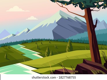 Forest panorama landscape meadows concept. Vector flat graphic design cartoon illustration