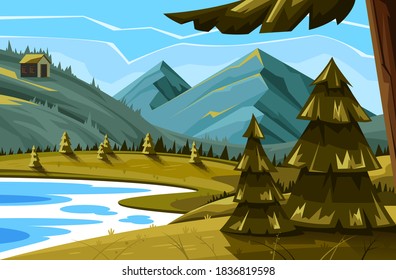 Concepto de prados de paisajes panorámicos forestales. Ilustración de dibujos animados de diseño gráfico plano vectorial