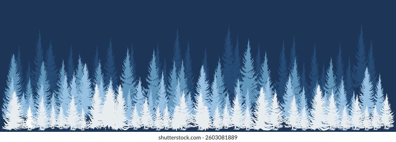 Forest Panorama. Nature landscape. Forest background. Set of Pine, Spruce and Christmas Tree on White background. Forest background. Vector illustration.