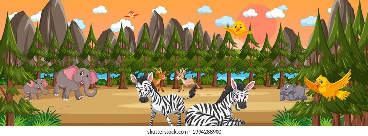 Forest panorama at sunset time scene with various wild animals illustration