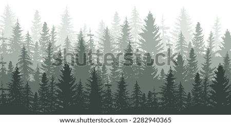 Forest panorama view. Pine tree landscape vector illustration.  Spruce silhouette. Banner background. 商業照片 © 