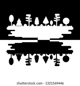 Forest, Park, Alley with Different Trees.   Black and White Silhouette Panorama. Dark and Light Standoff. Park of Wood. Vector illustration isolated on white background. 