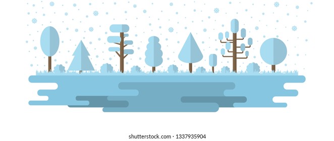 Forest, Park, Alley with Different Trees. Winter Forest Panorama, Outdoor. Flat Style. Vector illustration isolated on white background.