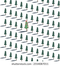 A forest or park area with repeating trees. Among them is one fir tree decorated for Christmas.
