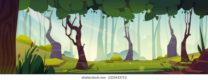 Forest park nature panorama cartoon illustration. Empty garden environment background with green grass, stone, hill and flower above summer sunshine beam. Magic fairytale game location scene vector