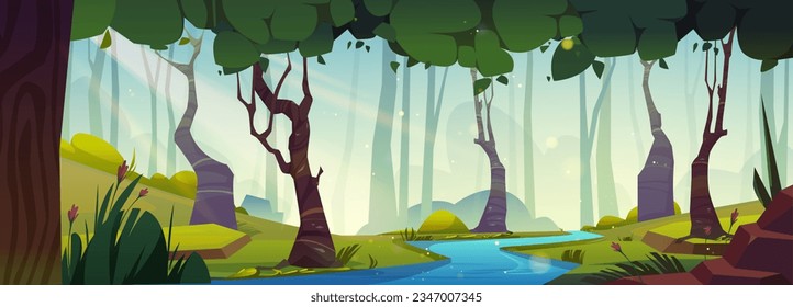 Forest park panorama garden with river landscape. Lush tree nature cartoon environment location for beautiful fairytale game with stone, grass, sparkle and water scenery. Sunny peaceful wallpaper