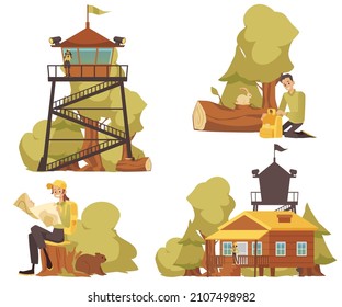 Forest and Park Ranger cartoon vector set. Female ranger watch for fire in binoculars standing on lookout tower in the woods. Illustration of wildfire department cabin and forest guards and officers.