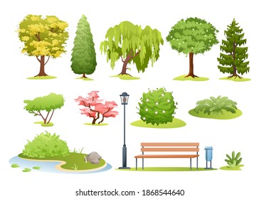 Forest and park trees vector illustration. Cartoon various green summer deciduous and evergreen trees, bushes with flowers, fern and park or garden wooden bench, landscape collection isolated on white