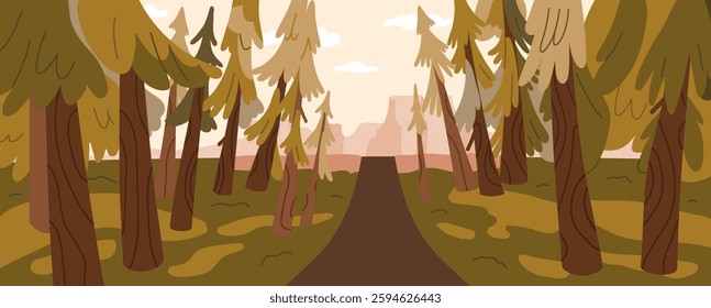 Forest path, nature landscape. Woodland trail, coniferous trees, pines and firs. Footpath in wild woods, conifer trunks, grass and walkway, panoramic perspective view. Flat vector illustration