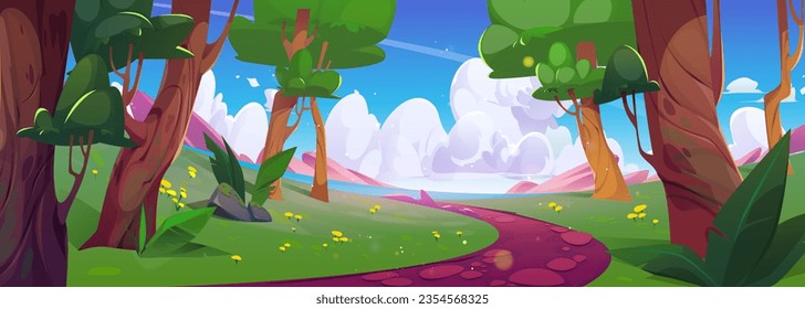 Forest path and sea view vector summer background. Switzerland nature scenery illustrated cartoon outdoor scene. distant ocean in peaceful valley game location environment with flower and grass