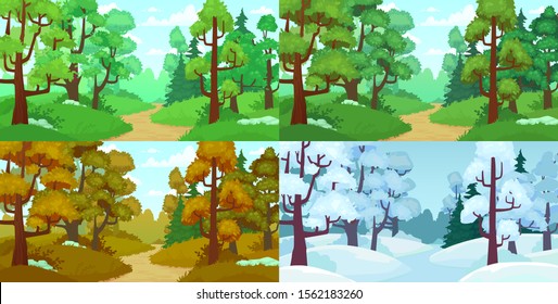 Forest path. Spring and summer trees, autumn leaves and winter forest trees. Four seasons landscape, season changing wood path nature cartoon vector illustration