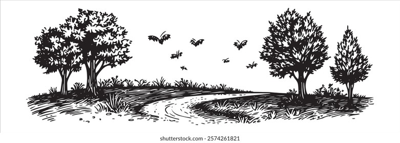 forest path with trees and flying birds illustration