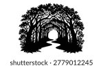 Forest path with trees and river black silhouette