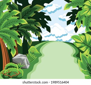 forest path trees stones sky