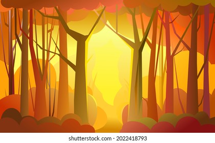 Forest pathway. trees illustration. Dense wild plants with tall, branched trunks. Autumn orange landscape. Flat design. Cartoon style. Vector