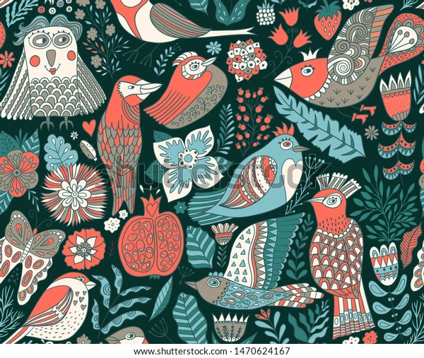 Forest Pattern Birds Doodle Handdrawn Style Stock Vector (Royalty Free ...