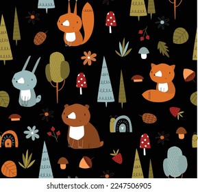 Forest pattern with cartoon animals. Vector seamless background. Bear, fox, squirrel, hare. Scandinavian style. Fabric, paper, wallpaper