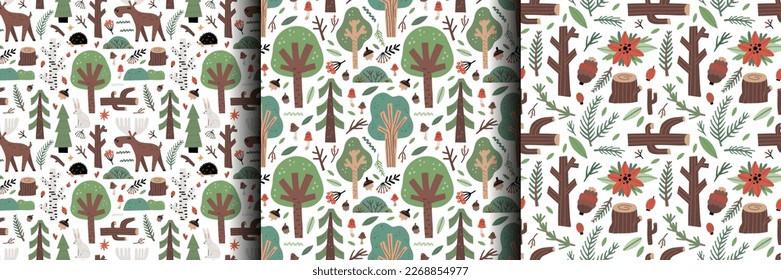 Forest pattern. Cute green trees. Cartoon childish print, scandinavian kids design. Decor textile wrapping paper, nursery wallpaper. Doodle drawing, woodland vector seamless hand drawn background