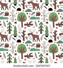 Forest pattern. Cute trees and wild animals. Cartoon childish print, scandinavian style kids design. Decor textile, wrapping paper wallpaper. Doodle drawing elk and hedgehog vector seamless background