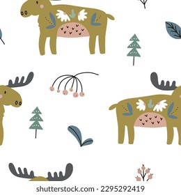Forest pattern. Cute trees and wild animals. Cartoon children's print, scandinavian style children's design. Textile decor, pasting with paper wallpaper. Doodle drawing elk seamless pattern