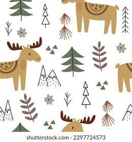 Forest pattern. Cute trees and wild animals. Cartoon children's print, scandinavian style children's design. Textile decor, pasting with paper wallpaper. Doodle drawing elk seamless pattern