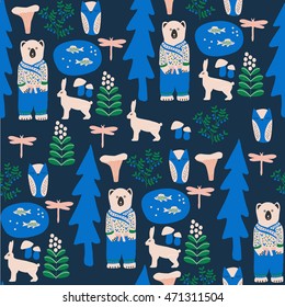 Forest pattern in doodle childish style, animals, dragonfly, mushrooms, tree and plants. Vector illustration.