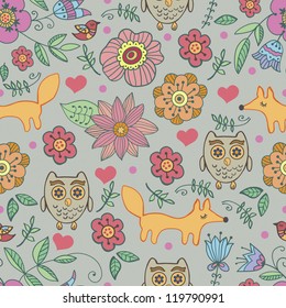 Forest pattern with flowers and baby animals  for fabric, wallpaper, web design, gift wrapping paper