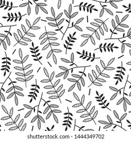 Forest pattern with flowers. Black and white.