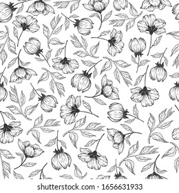 Forest pattern with flowers. Black and white. Seamless pattern.