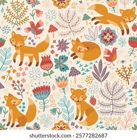 Forest pattern with foxes and birds