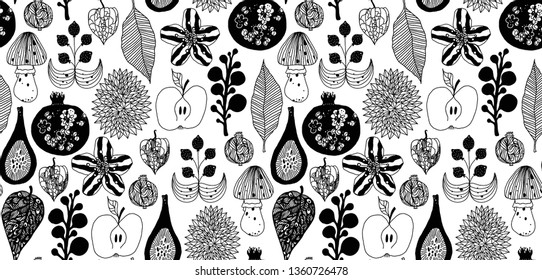 Forest pattern with fruits and plants